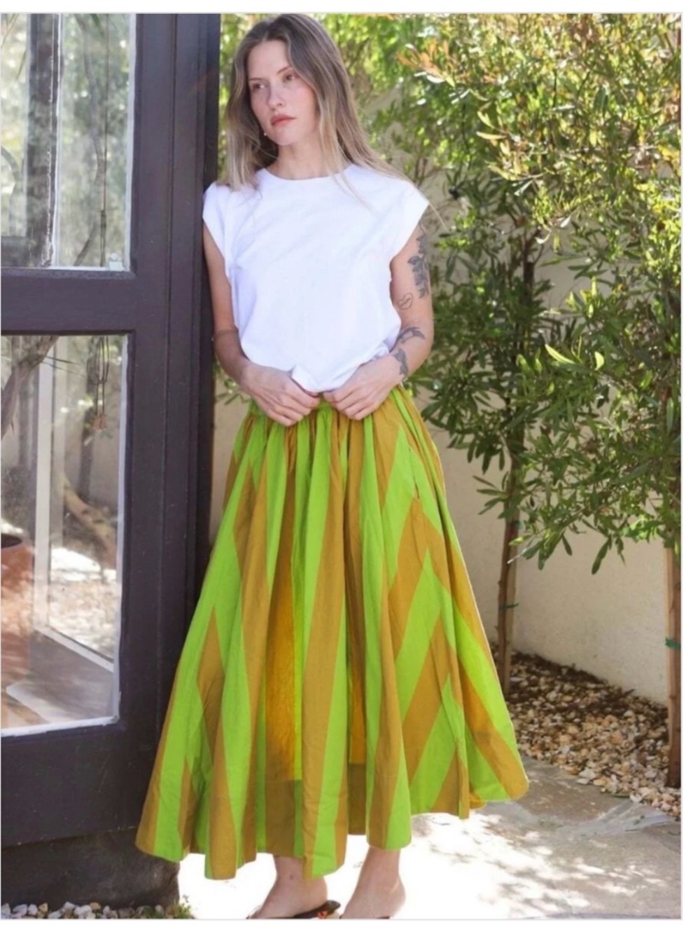Free People Small S striped skirt Lowen cotton midi green mustard - Picture 4 of 8